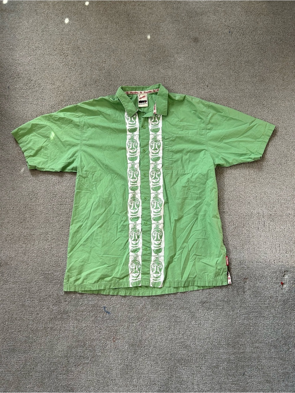 Meccaloha Shirt Mens XXL Green Tiki Hawaiian Short Sleeve Button Front Casual